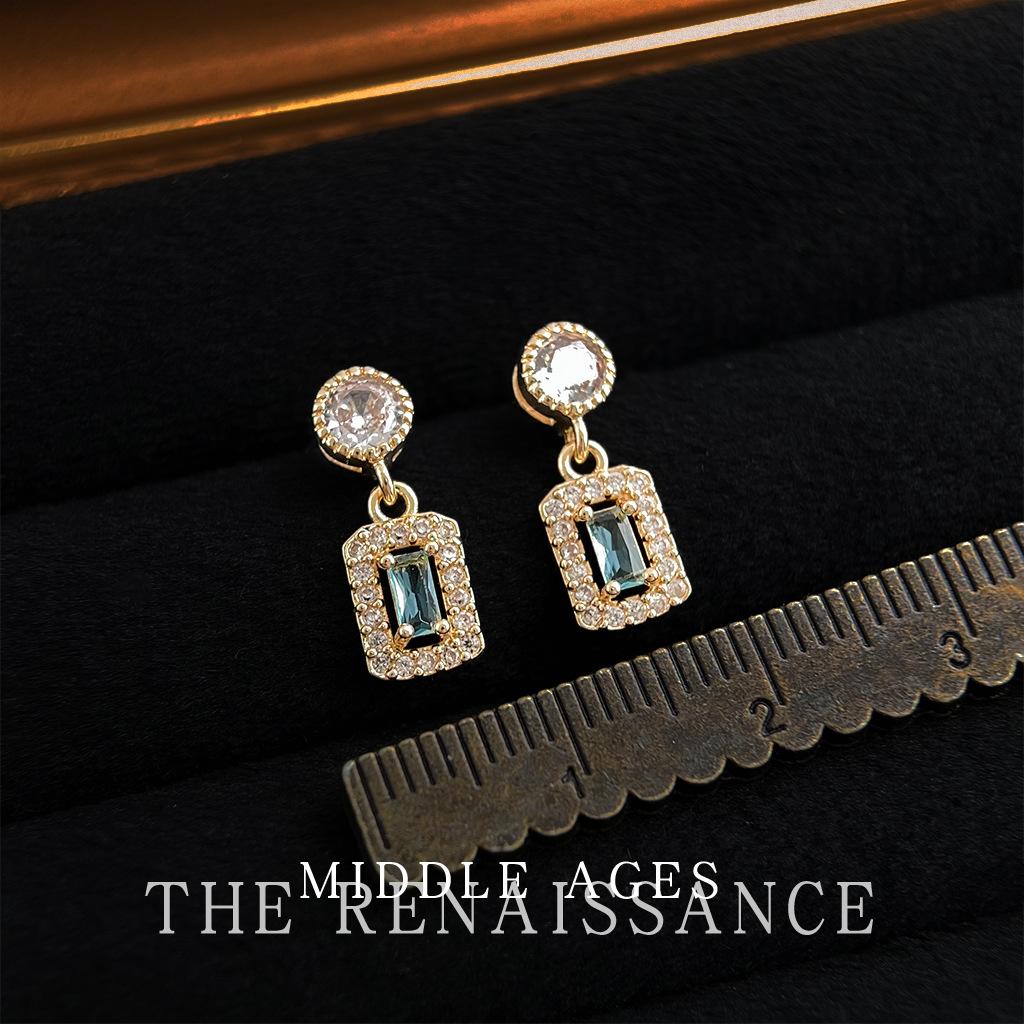 Medieval style full of zircon aquamarine stud earrings light luxury French earrings retro court style earrings
