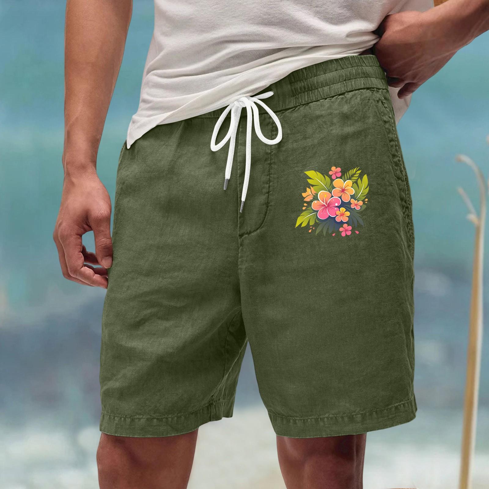 

Men’s Summer Relaxed Fit Drawstring Waist Casual Linen-Blend Shorts with Floral Print for Outdoor Sports Beachwear L