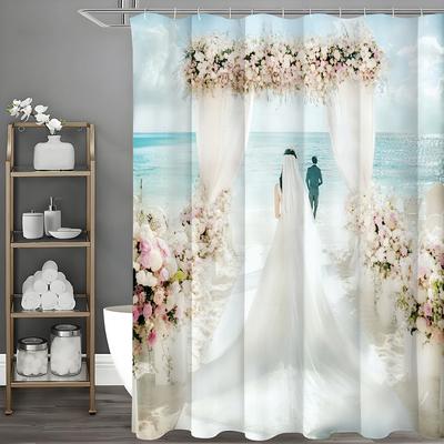 Seaside Wedding Ocean Flower Shower Curtain, Bathroom Decorative Shower Curtain, Waterproof Shower Curtain with Hooks