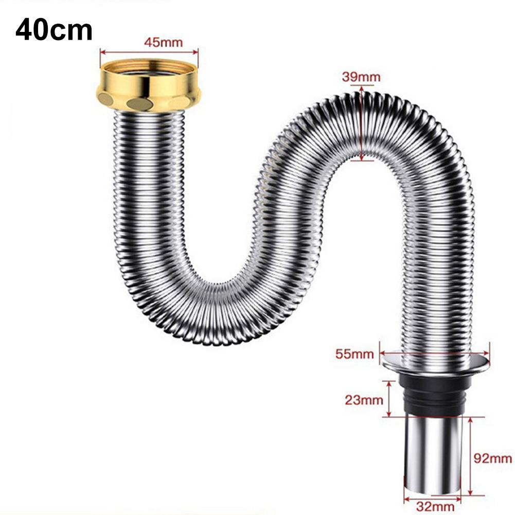 

40/60cm Stainless Steel Bathroom Kitchen Sink Siphon Waste Drain Flexible Pipe Hose Home Retractable Drainage Tube