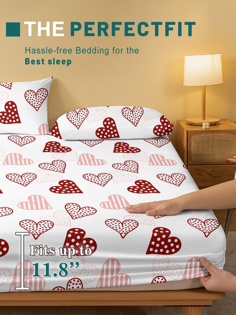 Simple 1 Modern Heart-Shaped Geometry Printed Matte Fitted Sheet, Bedroom Printed Bed Cover, Bedding Excluding Pillowcases