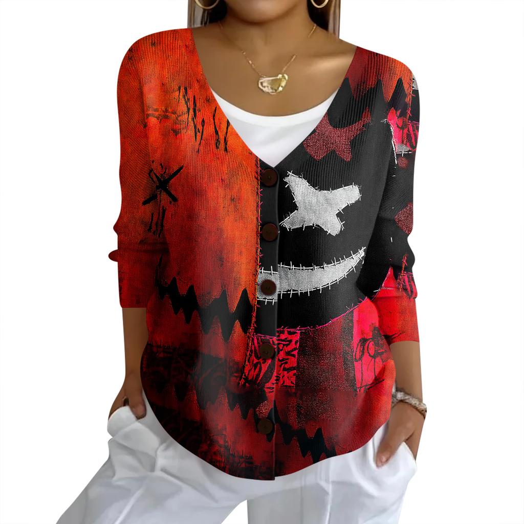 Women's Fashion Casual Knit Sweater Button-Up Halloween Printed  Cardigan Jacket