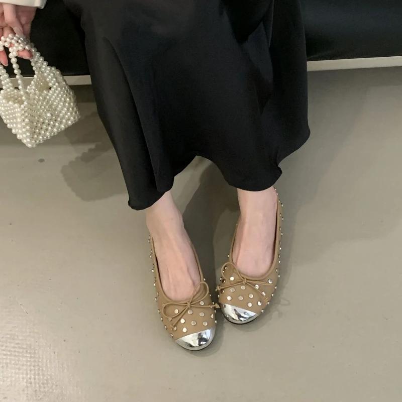 Fashion Fashion Metal Rivet Decoration Mary Jane Shoes Women Sweet Bow Round Toe Shallow Ballet Flats Comfortable Non-Slip Dress Shoes