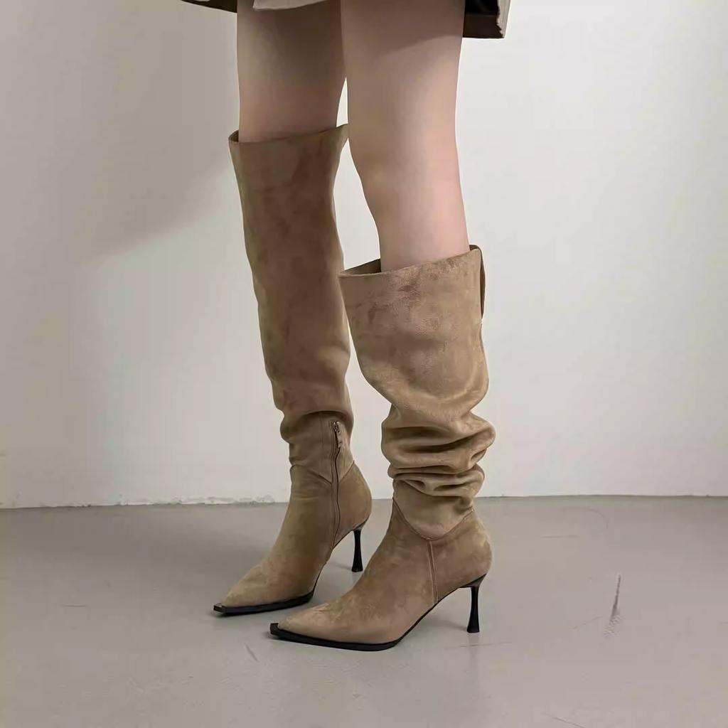 2025 autumn and winter new products wear Korean version of pointed suede folding stiletto over the knee boots women's versatile side zipper boots