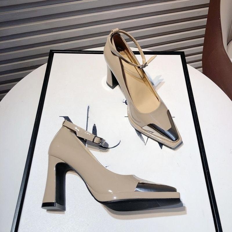 Fashion Korean Fashion High Heels Women's Block Heel 2025 Spring New Metal Square Toe Versatile Buckle Slip Shoes