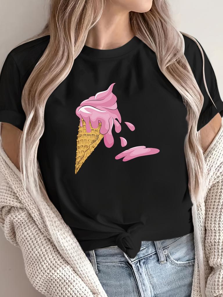 WomenS Casual Ice Cream Print Short Sleeve Crew Neck Tee Regular Fabric Top for Harajuku Sleeve Casual Aesthetic Clothes