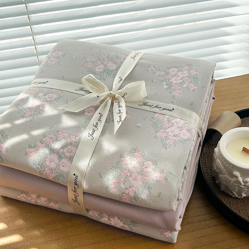 Ins Floral Print Bedding Set Knitted Cotton Flat Sheet Set Four Pieces Duvet Cover Double Layer-yarn 4Pcs Lovely Fitted Sheet