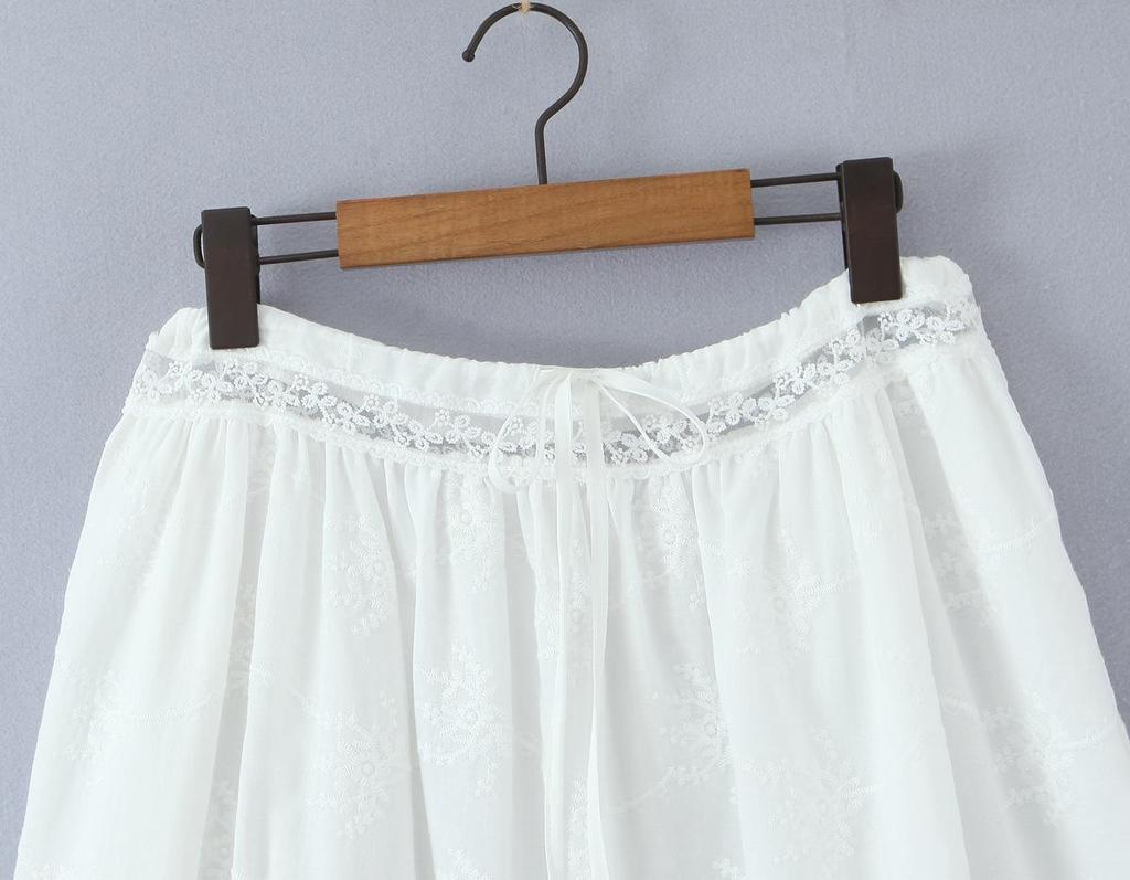 Women's Spring White Lace Cami Top & Ruffle Trim Embroidered Skirt Set