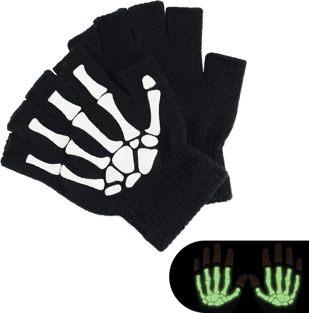 Punk Gloves Halloween Gloves Cosplay Y2k Skeleton Skull Half Finger Gloves Glow in The Dark Stretch Knitted Winter Mittens Adult