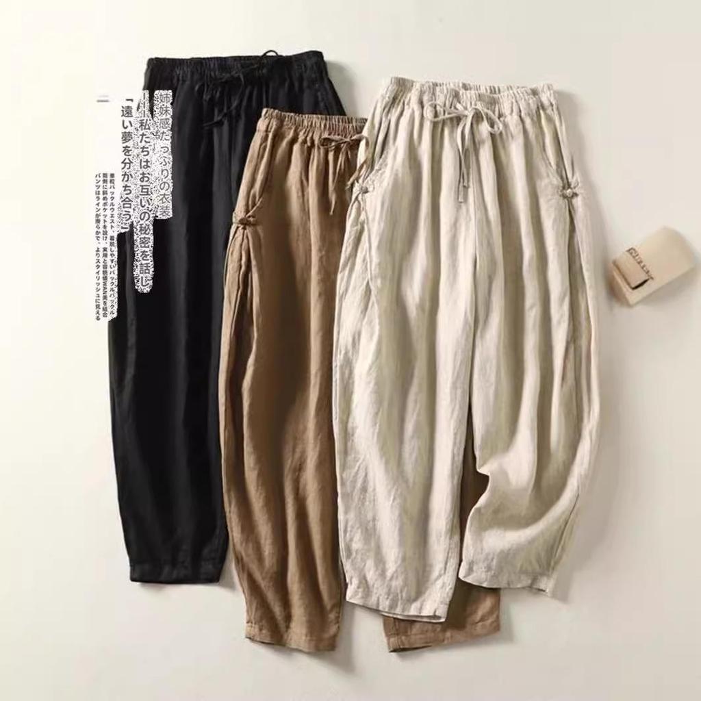 High Waist Retro Frog Button Cotton Harem Pants - Lightweight, Elastic, Tie Waist, Loose Fit for Spring/Summer