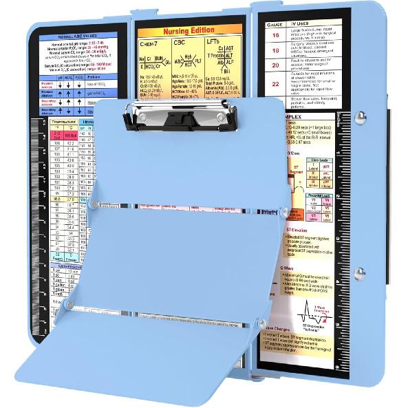 Nursing Clipboard Foldable, Foldable Clip Board w/Nursing Edition Cheat Charts, 3 Layers Aluminum, Nurse Clipboards w/Low Profile Clip & Pen Clip