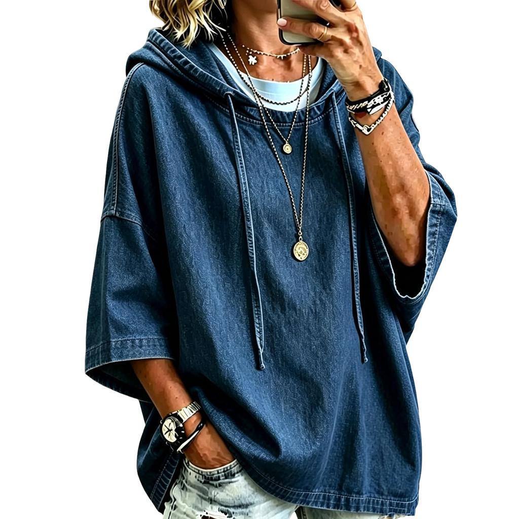 Giacca di Jeans Casual da Donna con Cappuccio e Maniche a Tre Quarti Vestibilità Larga