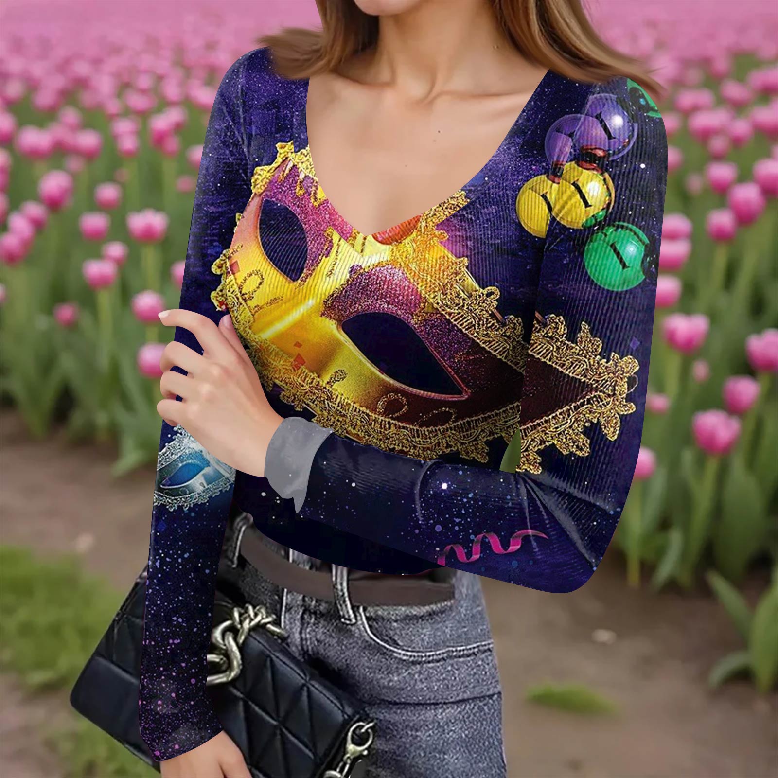 

Женская зимняя приталенная футболка-базовый слой, модный принт, V-образный вырез, пуловер, топ с длинным рукавом XL жёлтый