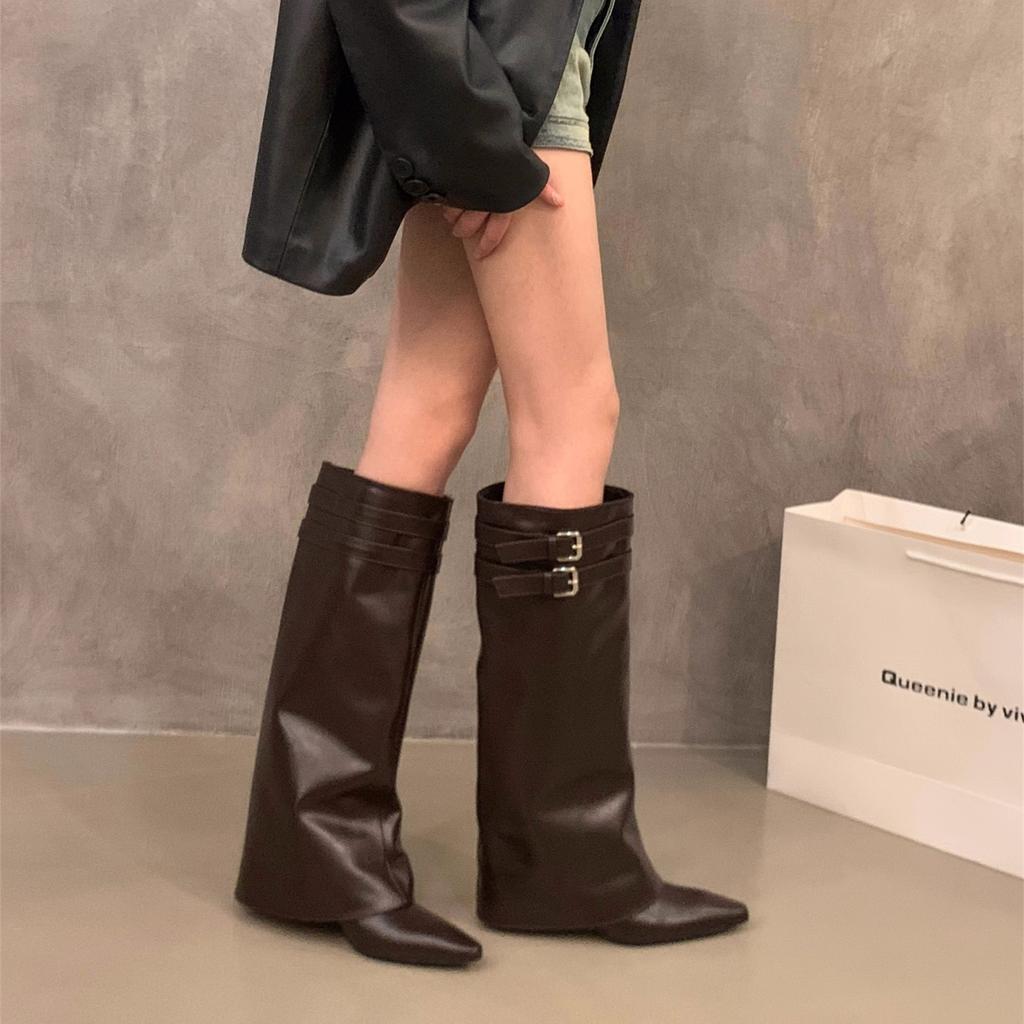 Pointed high-heeled brown Maillard medium boots women's shoes 2025 new spring and autumn winter trousers long tube knight boots