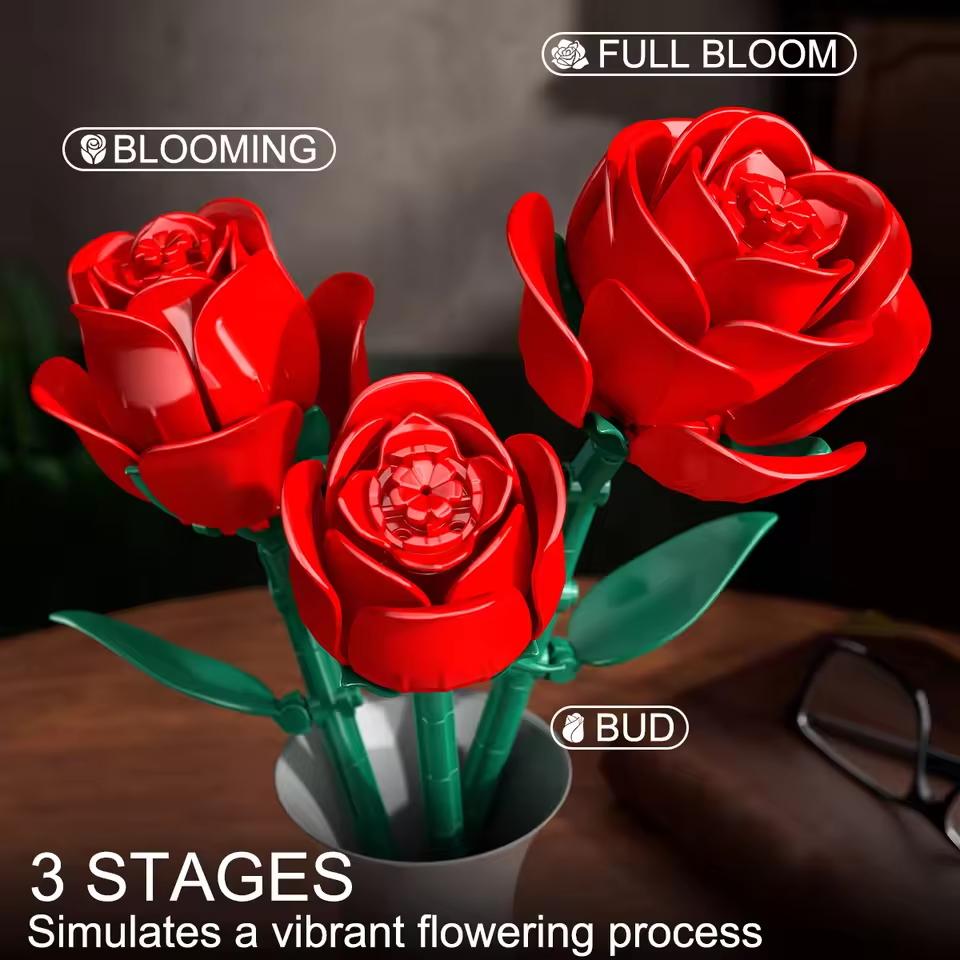 Red Rose Flower Bouquet Building Blocks Toys Home Desk Plant Decoration Assemble Brick Toy Valentine'S Day Gift For Kid Girl Lad
