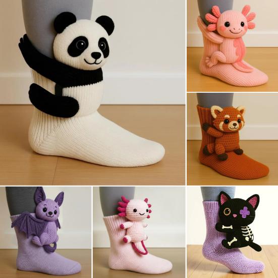 2 páry 3D pletených zvířecích ponožek, ručně háčkované ponožky s zvířecí panenkou, lenochod