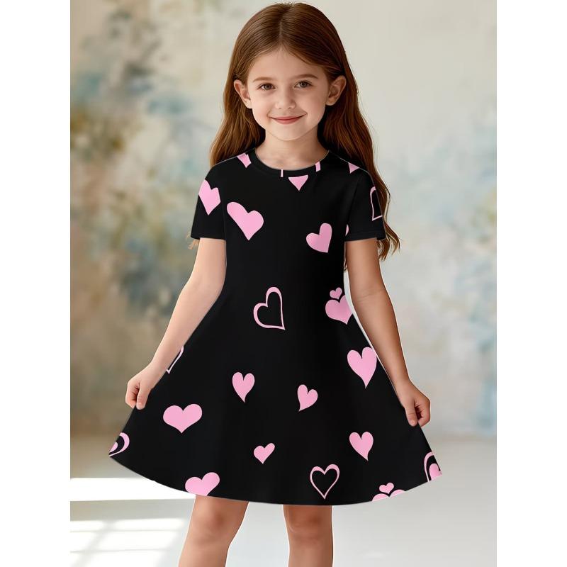 Girl Dresses Short Sleeve Summer Dress Bowknot Heart Print Hawaiian Vacation Beachwear Dress Outfits Bonfire Girls Party Dresses