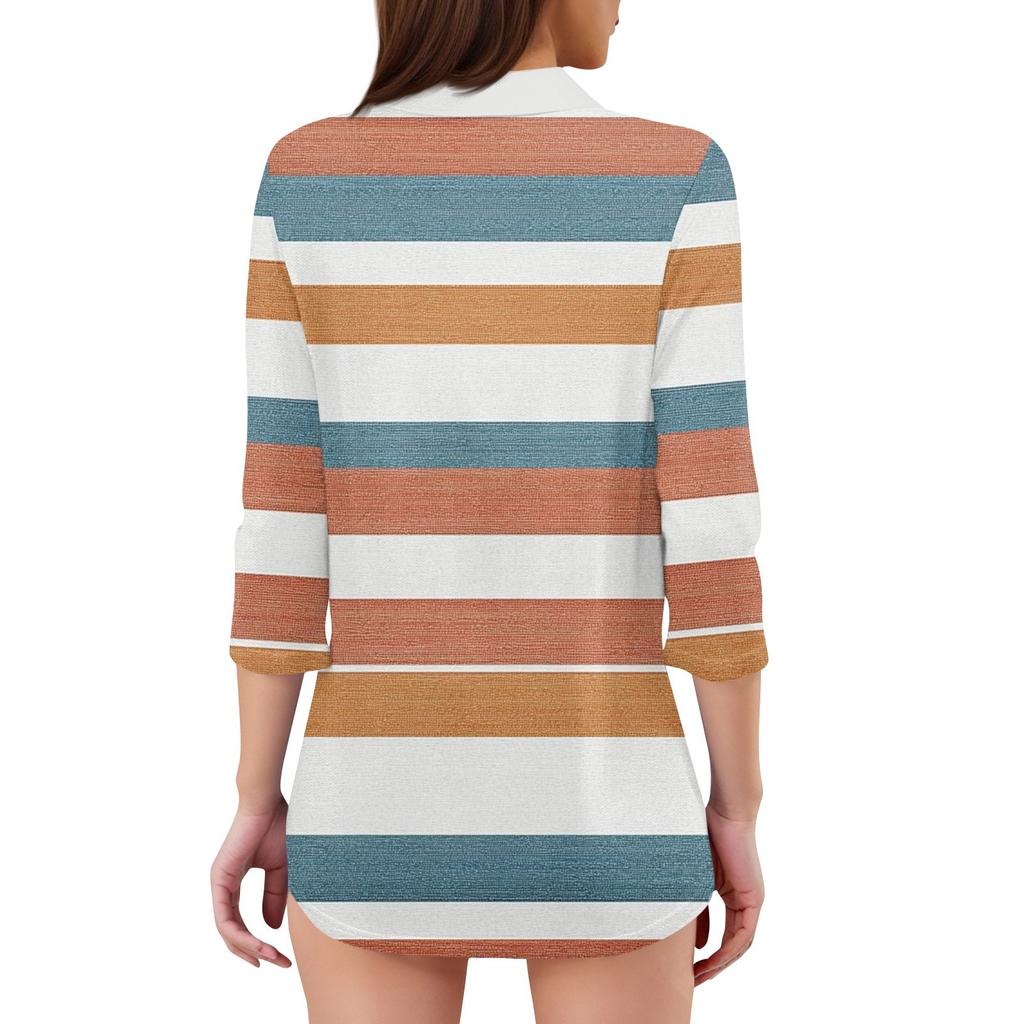 Women's Fashion Casual Lapel 3/4 Sleeve Print Shirt Women's V-Neck Tops