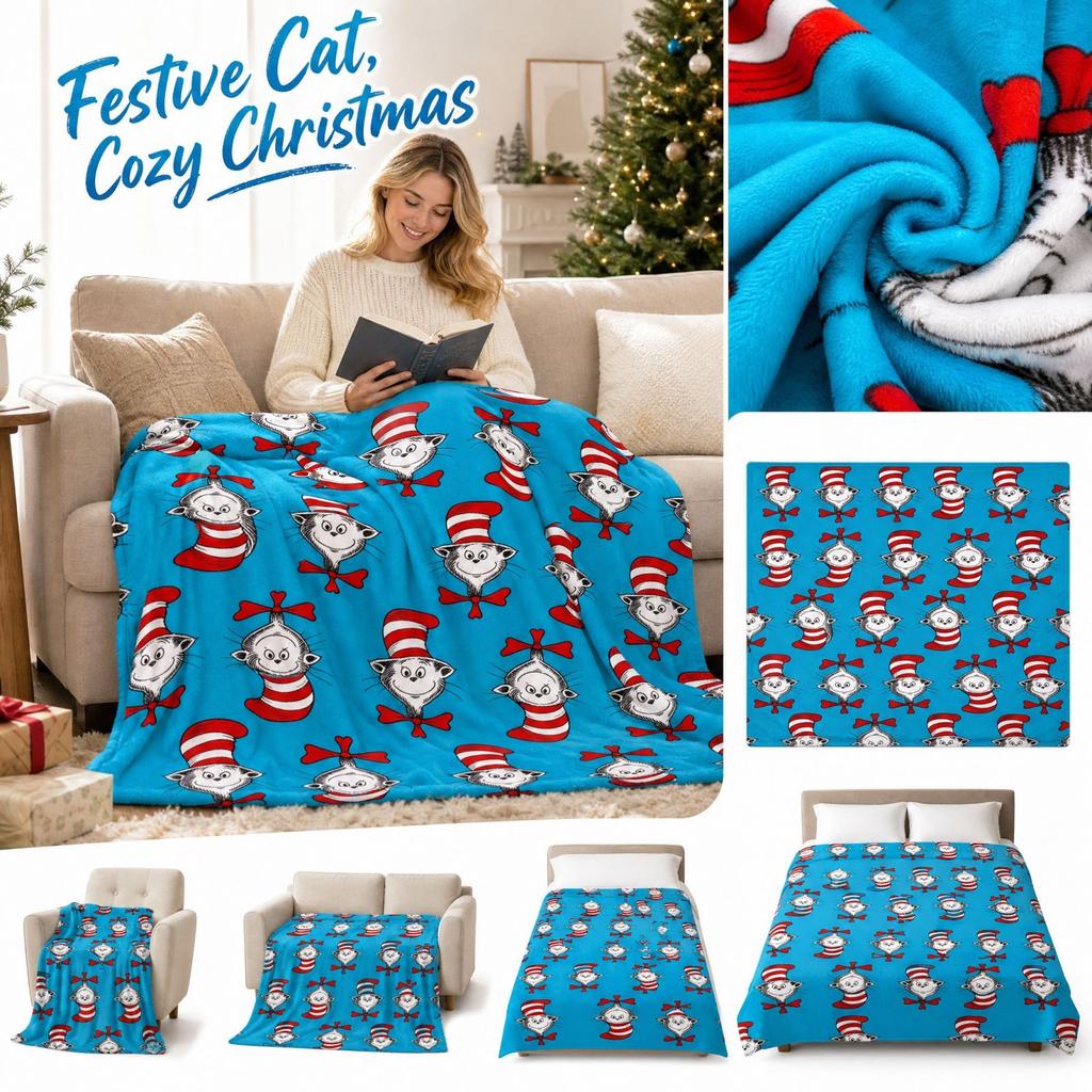 Christmas Flannel Throw Blanket with Wearing a Hat, All-Over Holiday Print Decorative Blanket for Couch, Sofa, Bed and Bedroom