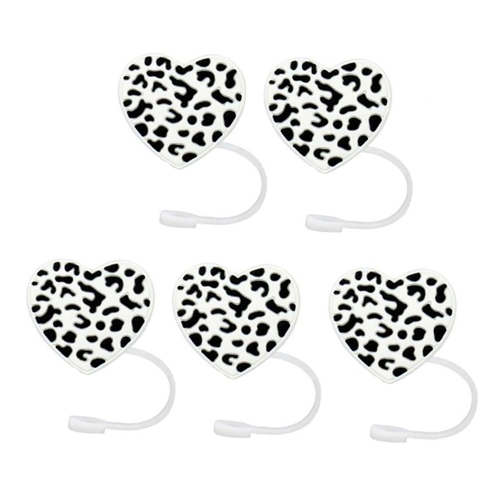 5pcs Straw Lid Reusable Silicone Straw Covers Heart-Shaped Leopard Print Straw Plug for Tumblers Cup Accessories Home