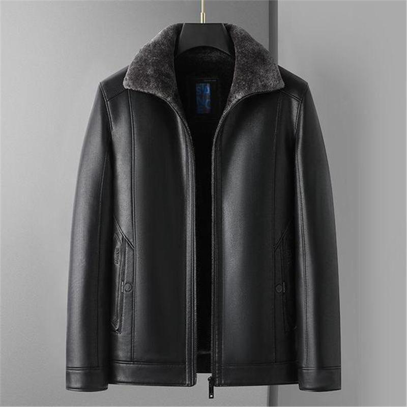 New fur integrated men's leather jacket lapel thickened and thickened large size leather jacket casual dad leather jacket