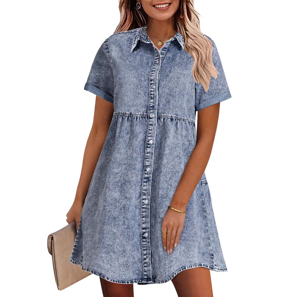 Women's Short-sleeved Button-down Shirt Denim Dress