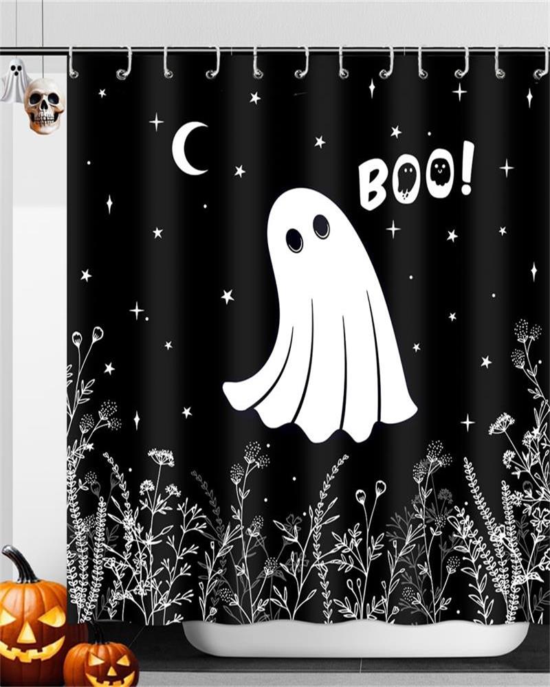 Halloween Shower Curtain Funny Spooky Pumpkin Skull Bat Flower Plant Night Forest Bath Curtains Home Bathroom Decor with Hooks