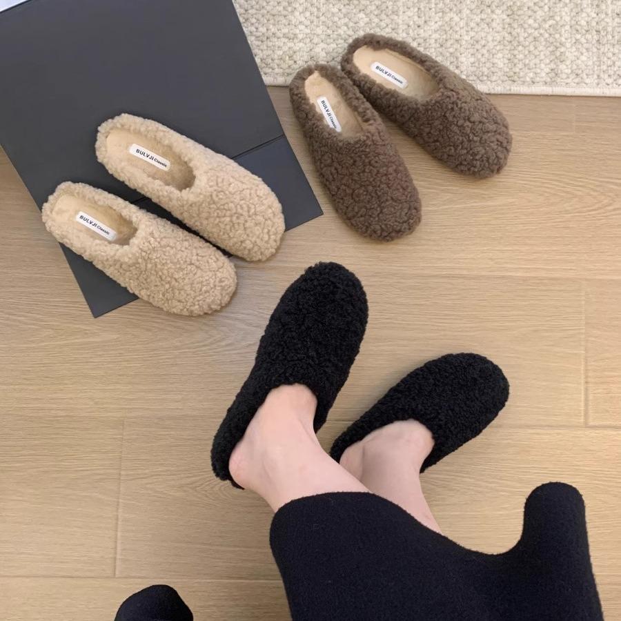 Dongdaemun Fashion Lamb Wool Bag Head Wool Slippers Women's Autumn and Winter Wear 2025 New One-pedal Cotton Slippers