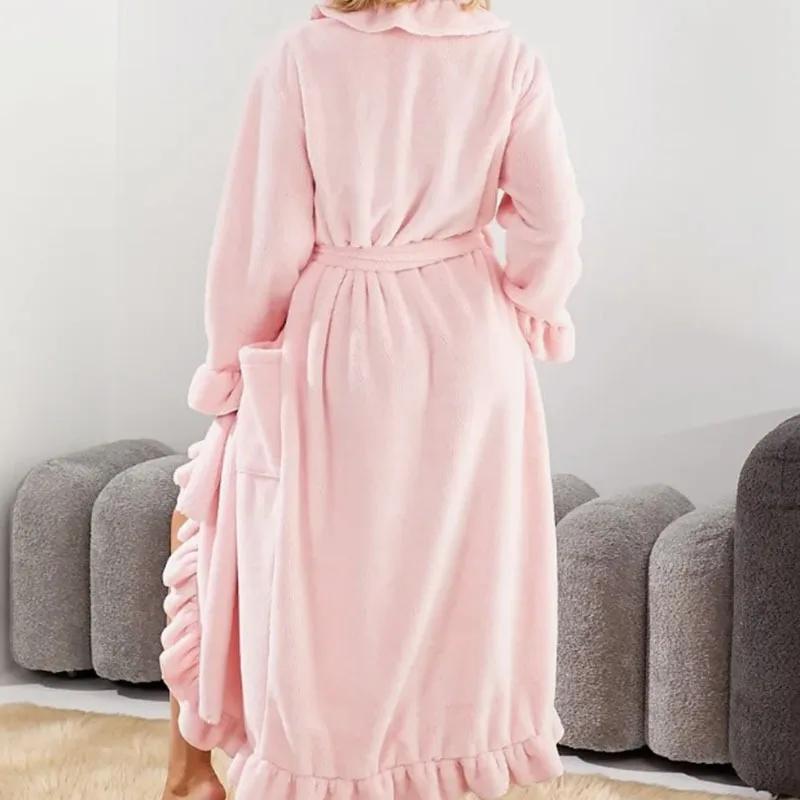 Women's Long Warm Robe Home Wear Autumn and Winter Coral Velvet Thickened Bathrobe Casual Soft Solid Lace Up Loungewear