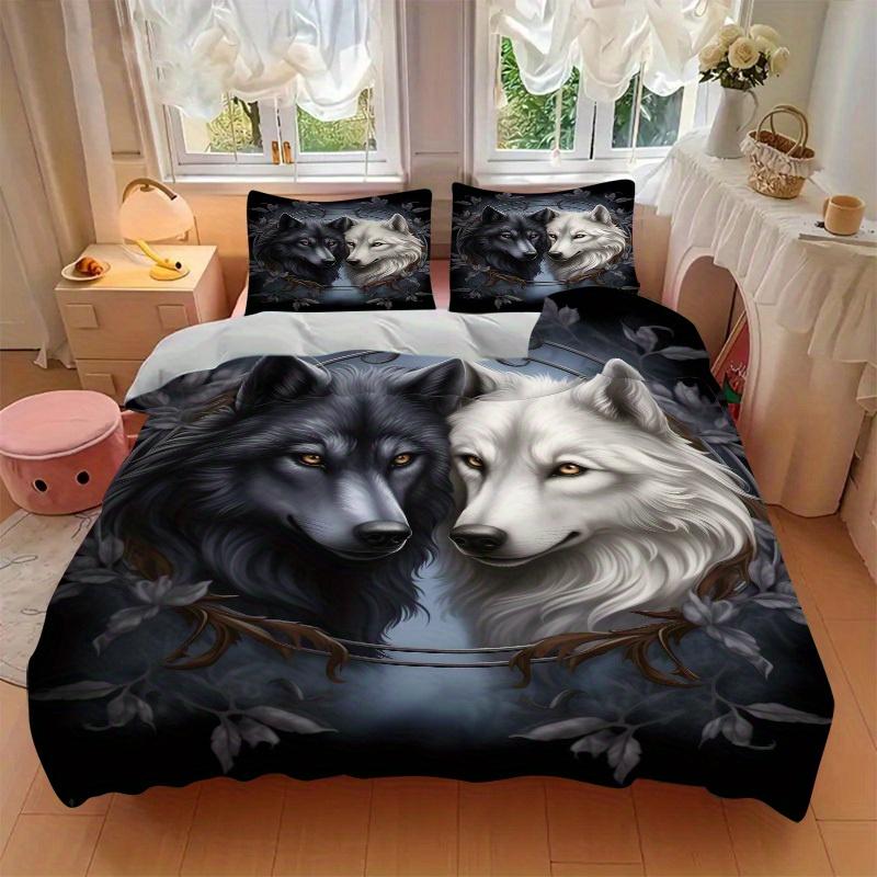 3pcs Wolf Pair Bedding Set Soft Polyester Down Comforter Cover and Pillowcases,Home Decoration All Seasons(No Insert) S0819107