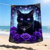 1pc Purple Rose Cat Outdoor Flannel Blanket , Machine Washable Perfect Gift for Birthday , Holiday Travel Accessory , Durable Material