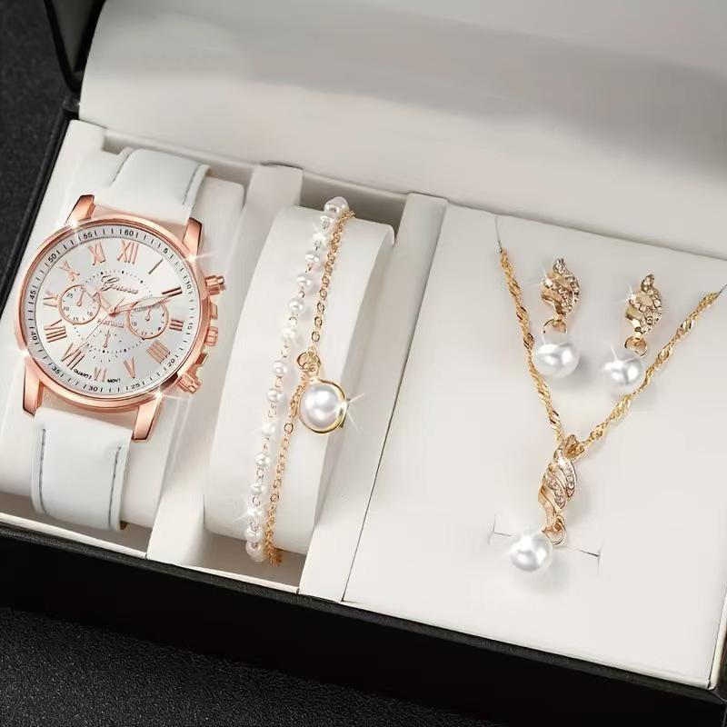 5/6PCS Fashion Women's Quartz Watch Leather Band Analog Wrist Watches Heart Rhinestone Jewelry Set(Without Box)