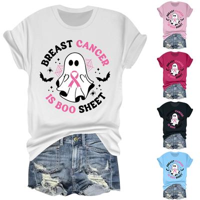 T-shirt Casual Feminina de Halloween com Estampa de Seios, Gola Redonda, Pulôver, Manga Curta