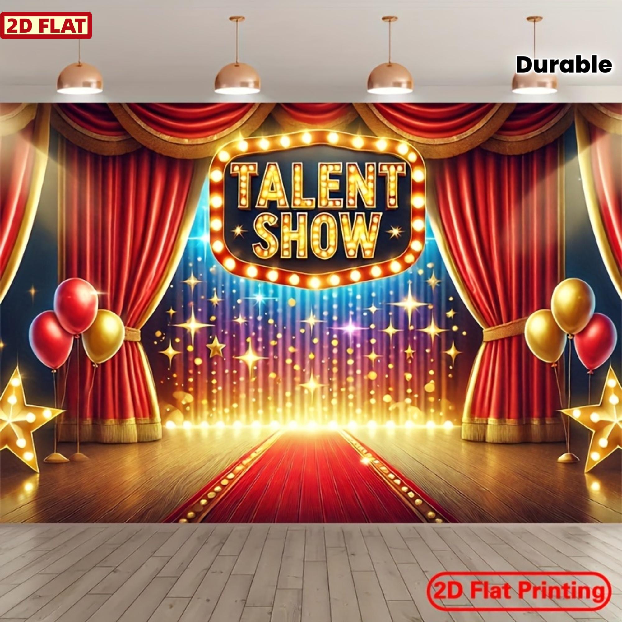 2D flat banner, used as the background for the talent showcase, featuring a bright red and gold glittering theme, TALENT SHOW 100x150cm
