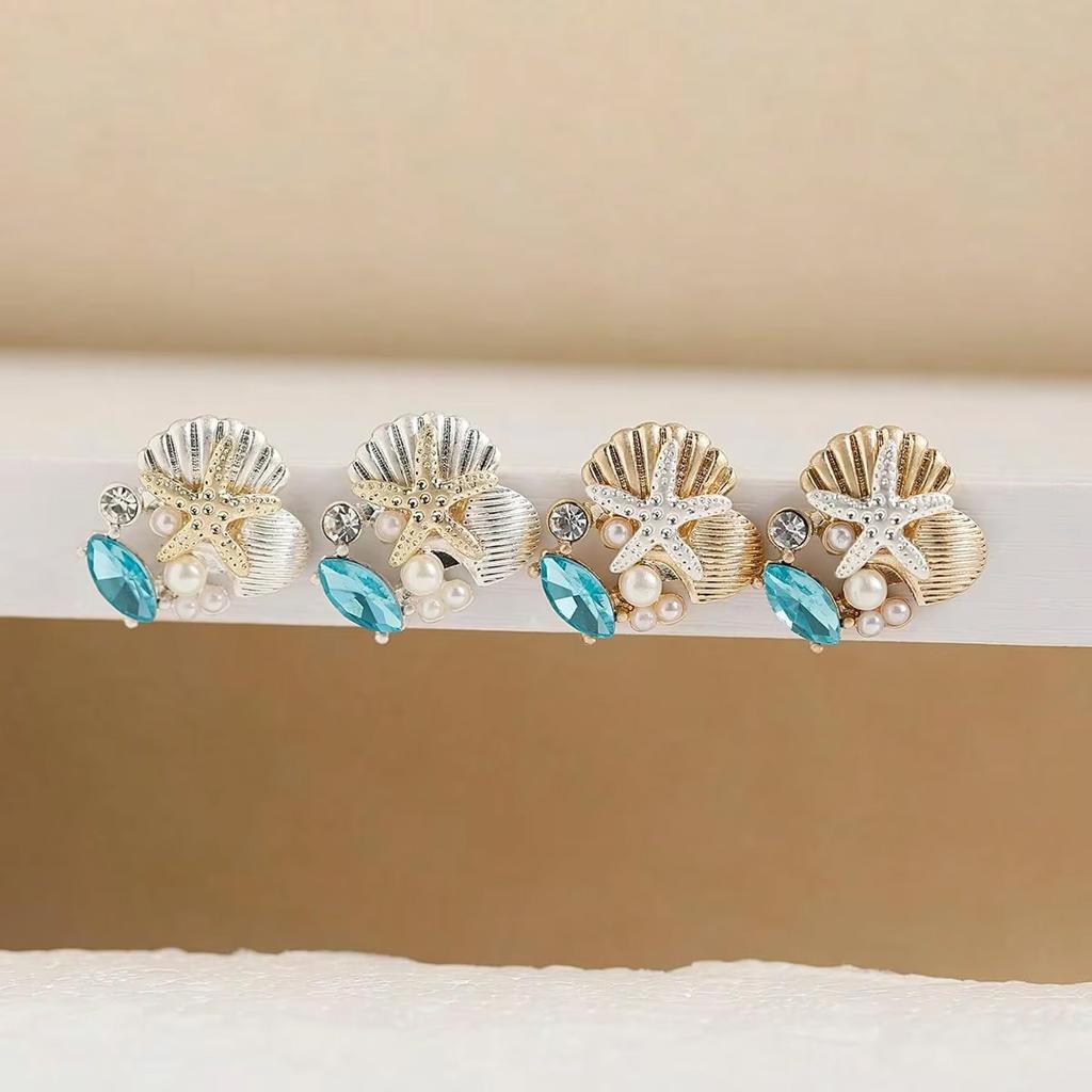 Ensemble 2 Pièces Boucles d'Oreilles Coquillage Étoile de Mer Ensemble Tendre Pierre de Cristal Bleu Imitation Perle Boucles d'Oreilles Pour Femme Bijoux Couleur Froide Brillante