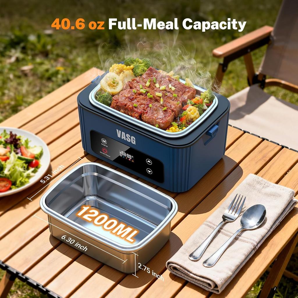 Cordless Heated Lunch Box 1.2L, 12000mAh Electric Food Warmer with Timer & LCD Display for Office, Car, Outdoor Use