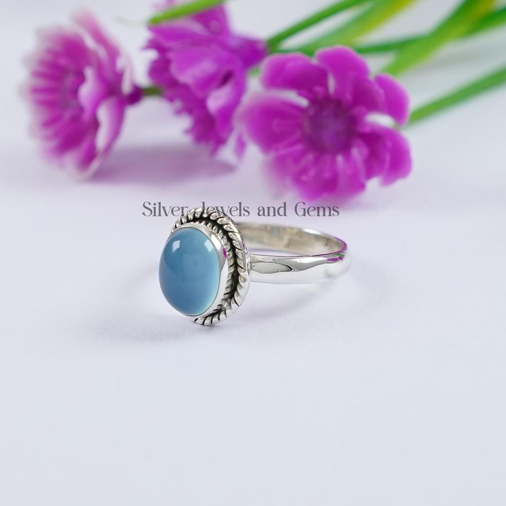 Blue Chalcedony Ring, 925 Sterling Silver Oval Gemstone, Handmade Dainty Ring