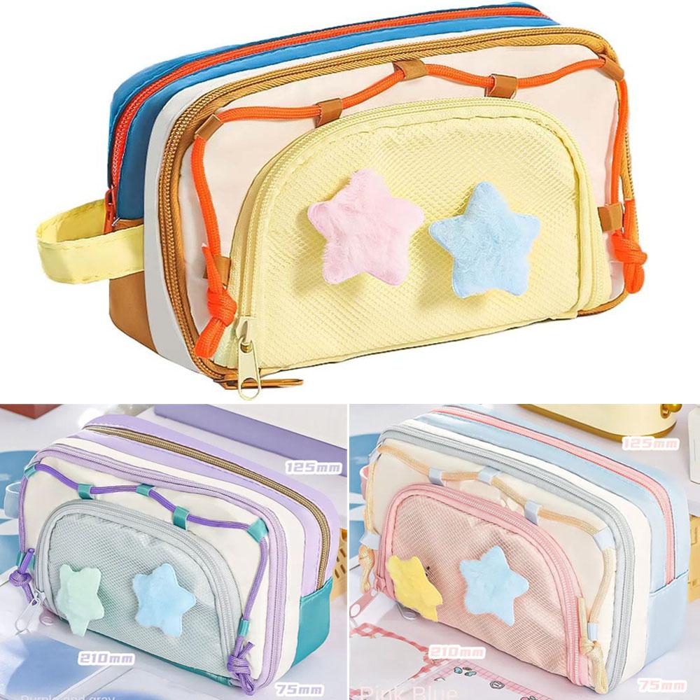 Multiple layers Pencil Cases with 2 Plush Stars Students School Supplies Large Capacity Pen Bag