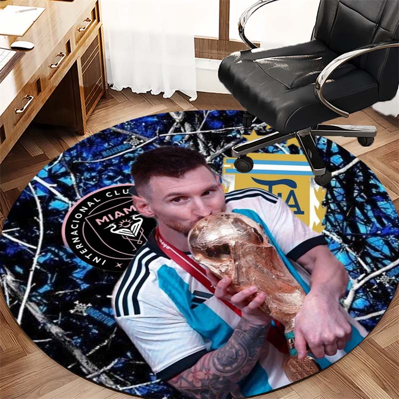World Cup Trophy Soccer Star Portrait Print Round Area Rug Non‑Slip Circular Floor Mat Sport Fan Home Decor for Living Bedroom Gaming Room