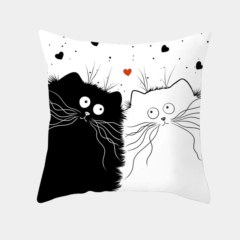 Cute Cartoon Cat Cushion Cover Creative Black White Naughty Cat Pillow Case Home Textiles Decorative Pillow Cover For Sofa