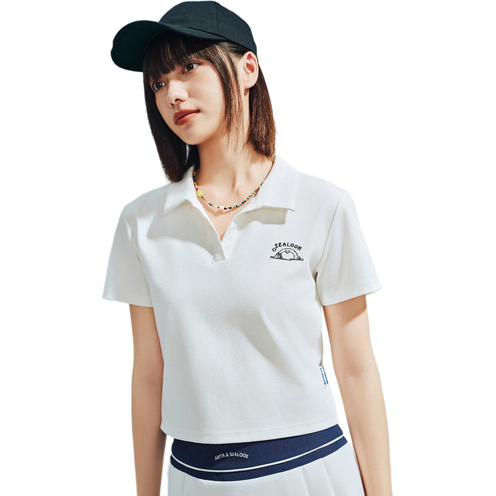 Anta X Seal Look Collaboration Life Series Comfortable Simple Short Versatile Slim Fit Letter V Neck Short Sleeve Polo Shirt Women Tops 962528114-6