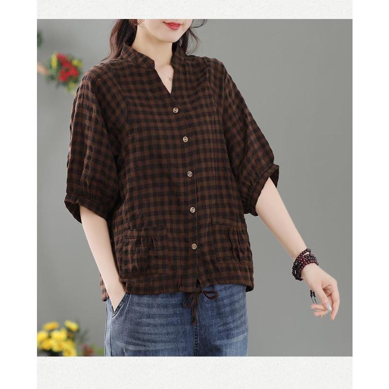 Top de manga tres cuartos holgado con estampado de cuadros retro para mujer, modelo 2025, fino, moderno, con cuello en V, manga media y cierre de botones.