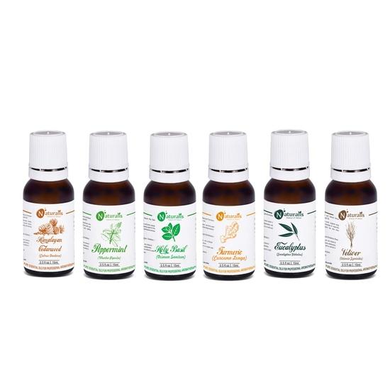 

Naturalis 15ml Essential Oil Gift Pack Of 6 for Health Care (Cedarwood Oil, Peppermint Oil, Holy Basil Oil, Turmeric Oil, Eucalyptus Oil, Vetiver Oil)