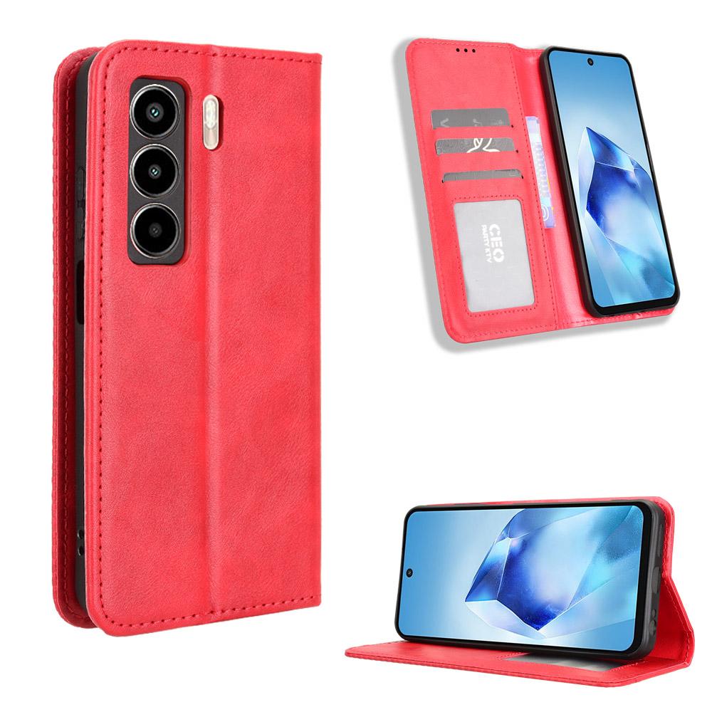 

For itel Power 55 5G Leather Case Wallet Stand Retro Texture Phone Cover Red