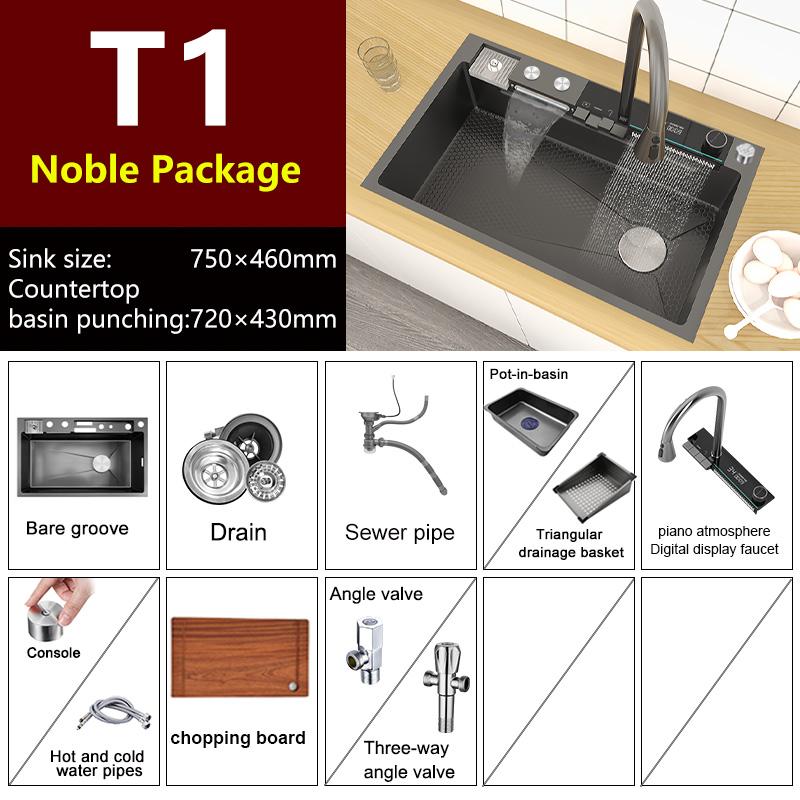 Edelstahl-Wasserfall-Küchenspüle, großes Einzelfach, integriertes Digitaldisplay, Wasserhahn-Set, multifunktionales Waschbecken