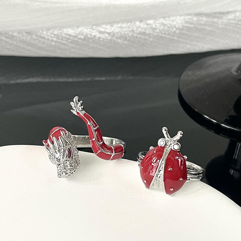 Red Seven-Star Ladybug Dragon-Shaped Enamel Dripping Open Ring Set Female Niche Design Personalized Index Finger Ring