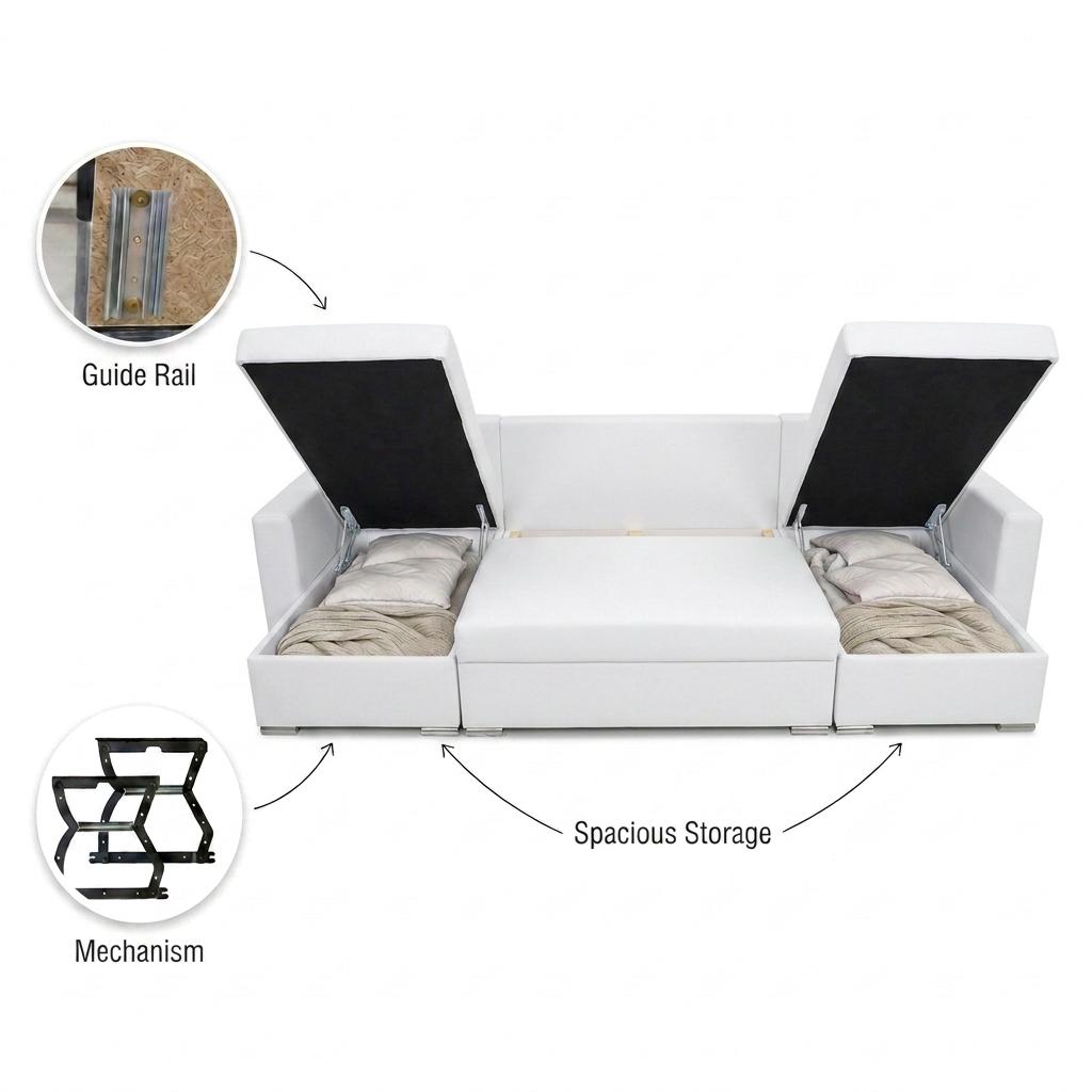Großes U-Ecksofa Varius BIG mit Schlaffunktion, Kunstleder, 3 Bettkästen, moderne Chromfüße, Family Meble