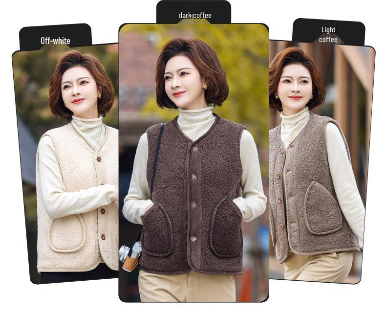 Women's Granular Fleece Vest for Middle-Aged & Elderly - Coffee Color, Sleeveless, Plus Velvet for Spring, Autumn, and Winter