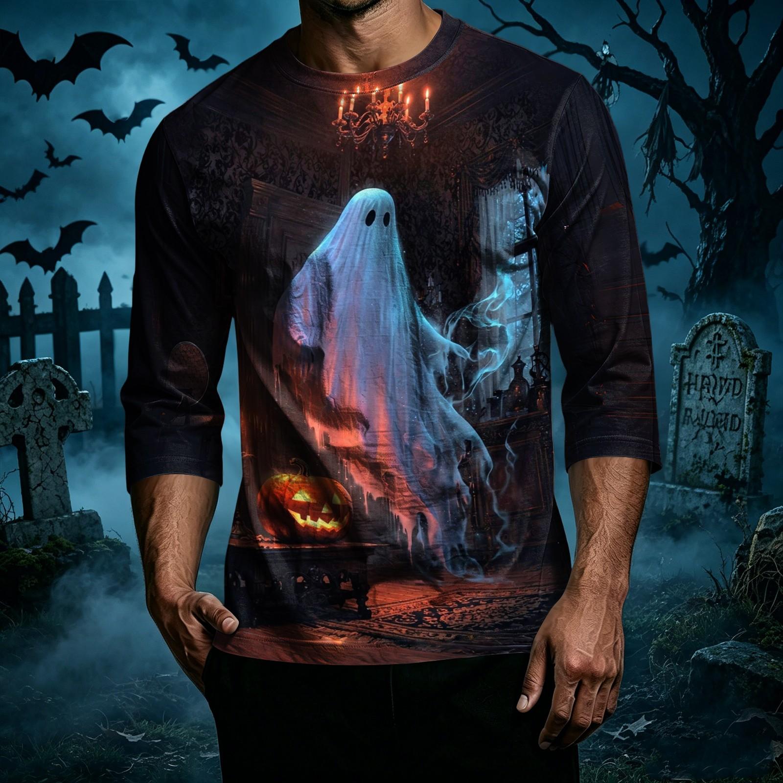 Men s Casual Halloween Printed T-Shirt - Round Neck Three-Quarter Sleeve XXL