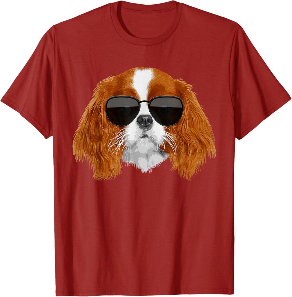 Cool Cavalier King Charles Sunglasses Dog Lover Graphic T-Shirt Soft Cotton Round Neck Tee